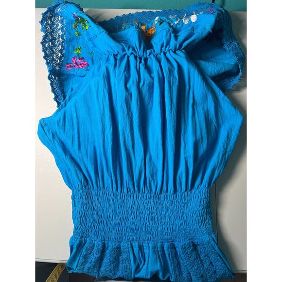 Blue Cotton Off Shoulder Bold Embroidered Floral Boho Mexico Jumpsuit Small Sz 4 - Picture 8 of 8